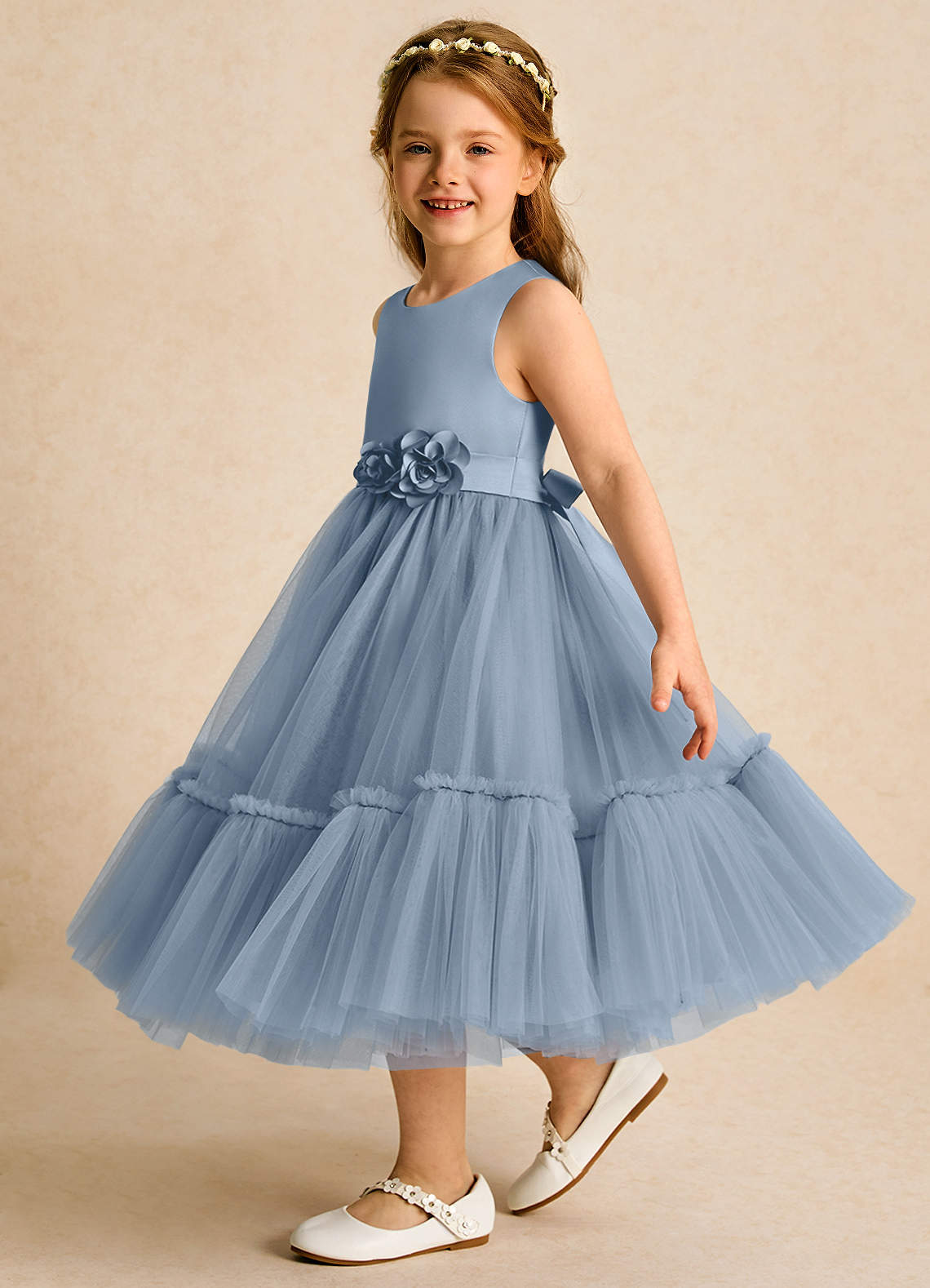 Azazie Miracle Flower Girl Dresses Dusty Blue A-Line Bow Matte Satin Dress image2