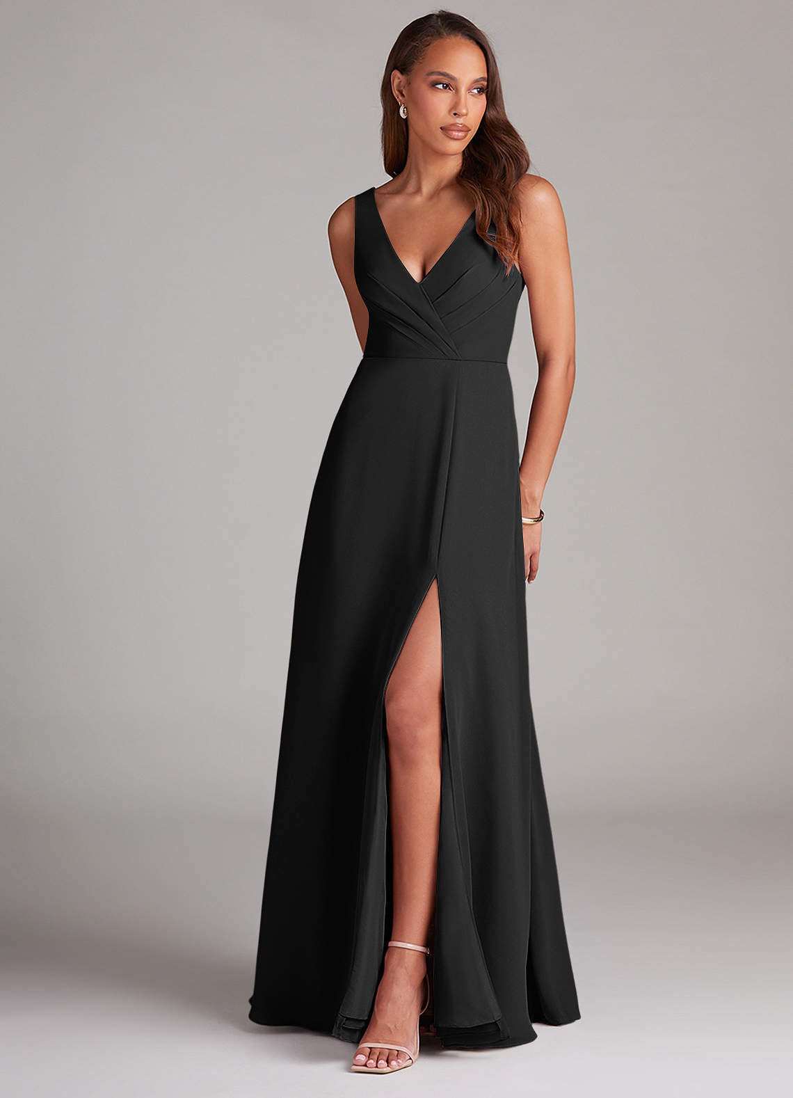 Azazie Nelly Bridesmaid Dresses Black A-Line Pleated Chiffon Dress image1
