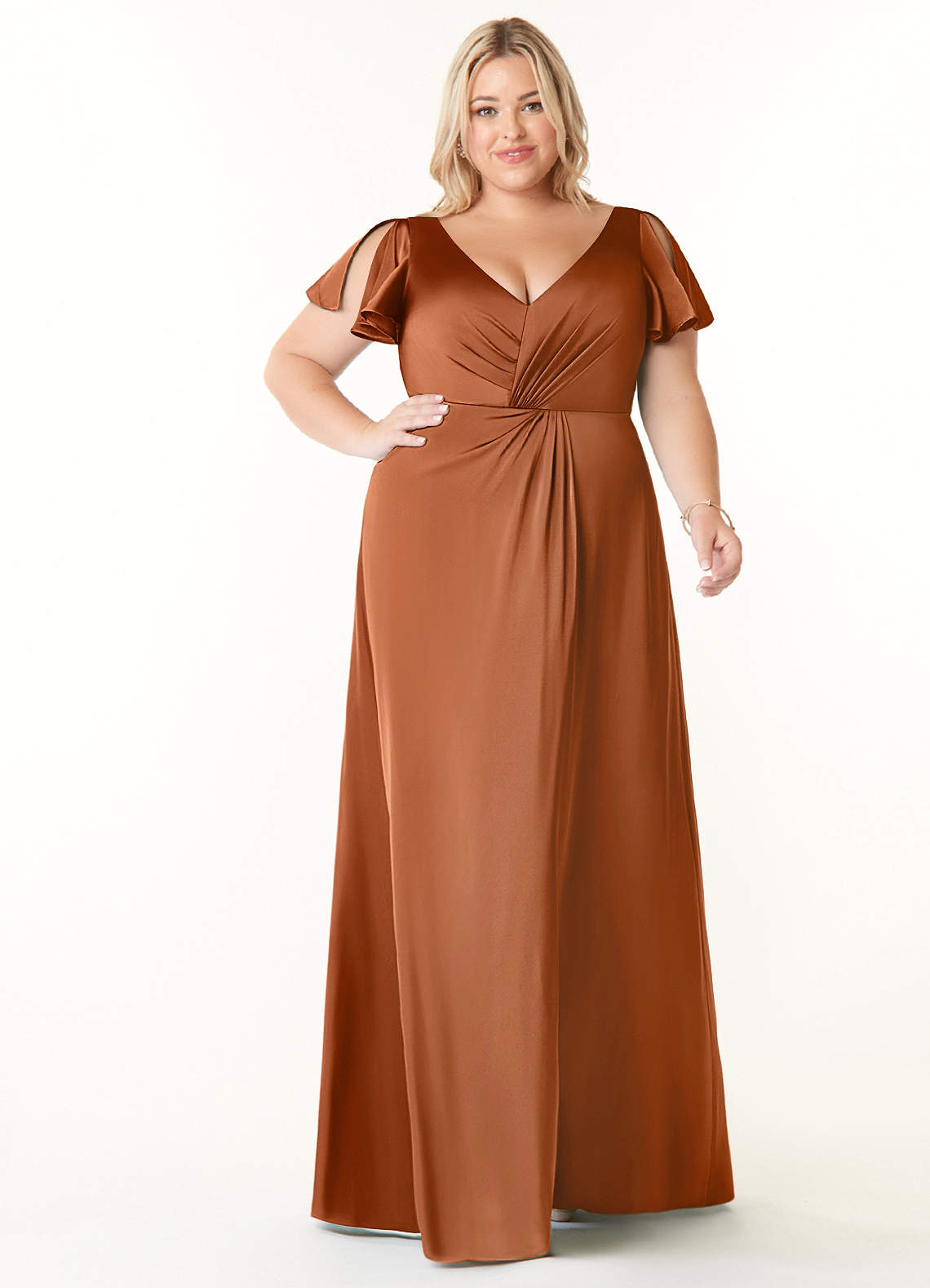 Azazie Soren Bridesmaid Dresses Copper A-Line Pleated Stretch Satin Dress image1