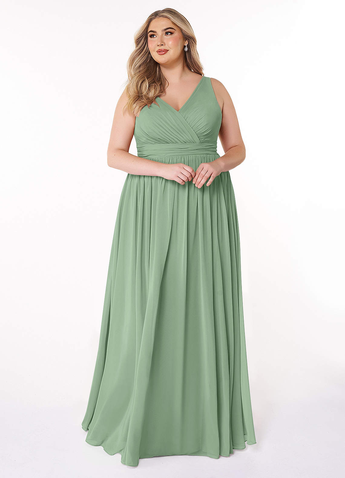 Azazie Kora At-home Try On Dresses Matcha A-Line Pleated Chiffon Dress image9