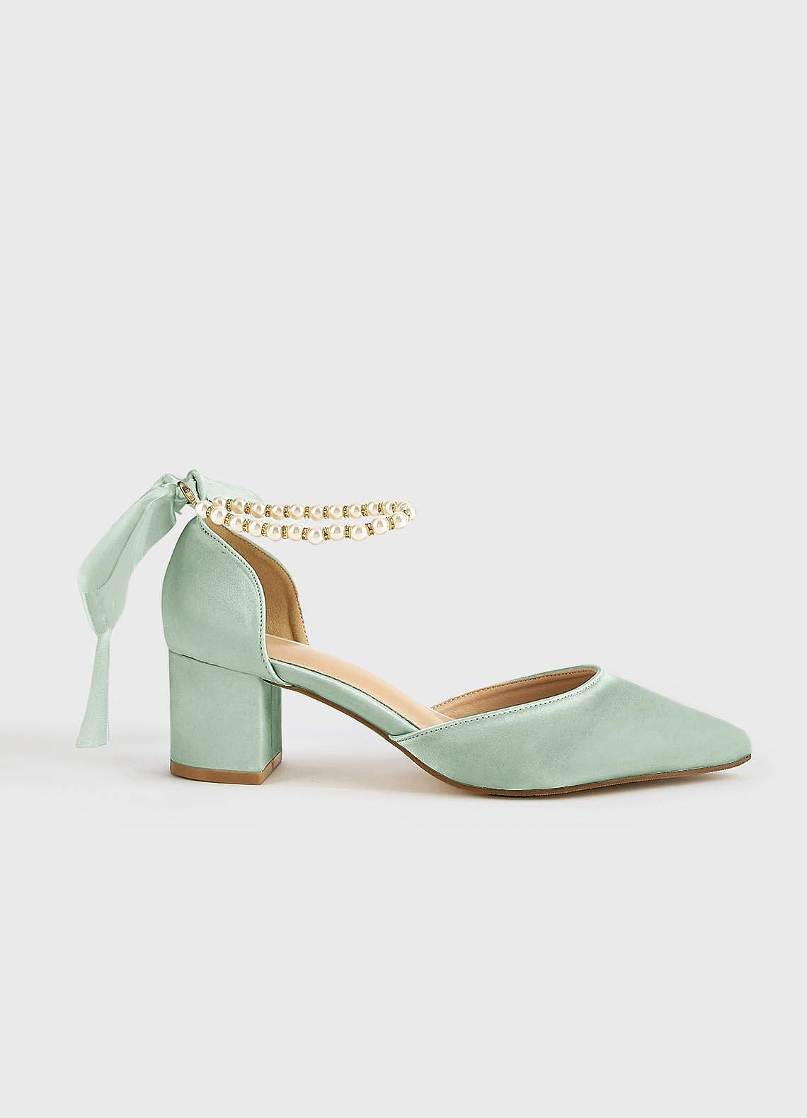 front Matching Color Matte Satin Pearl and Bow Pointed Toe Block Heels