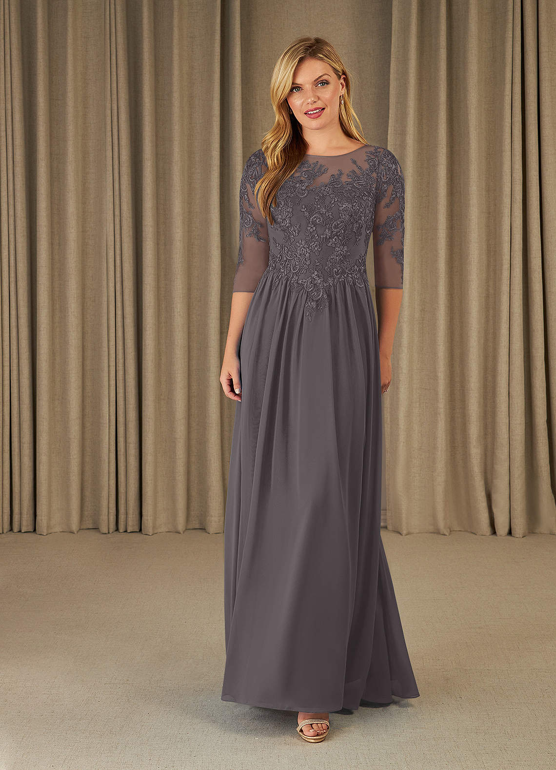 Azazie Mirielle Mother of the Bride Dresses Steel Grey A-Line Scoop Lace Chiffon Dress image1