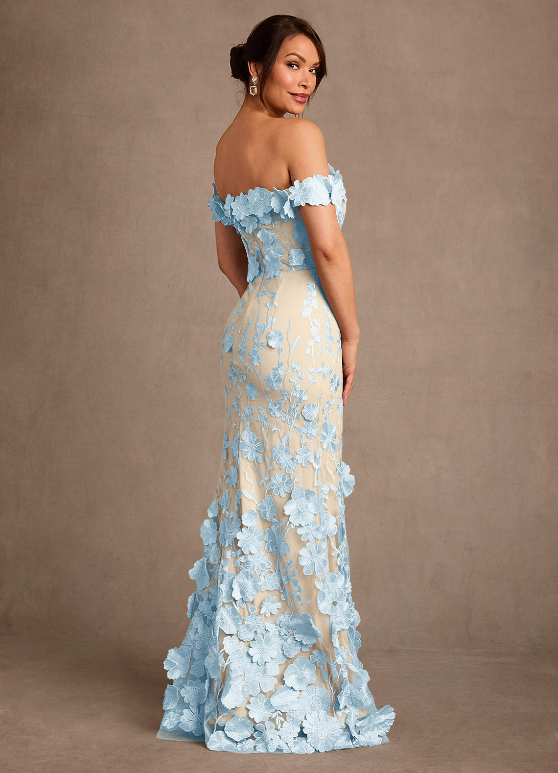 champagne blue dress Azazie Lotta Sky Mermaid Off the Shoulder Lace Picture Color Select Pants Waists Size:34W dusty blue dress casual bis-hidden Brides Who Wore Stunning