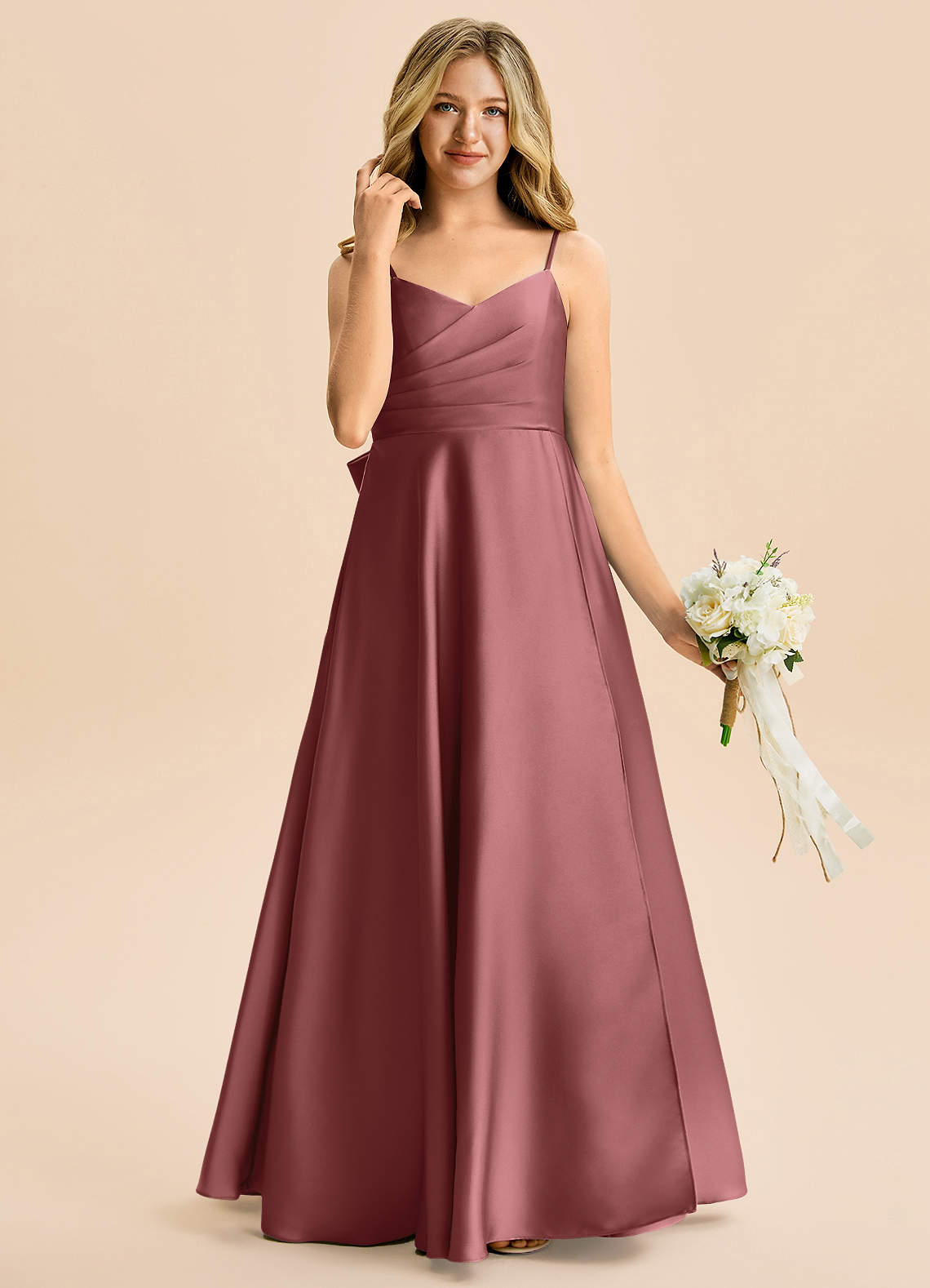 Azazie Rumi Junior Klä av A-Line i Stretch Satin Plisserad image3