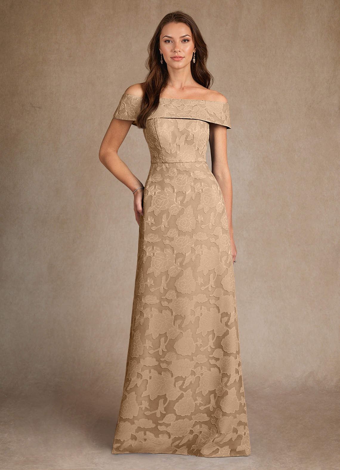Azazie Medford Mother of the Bride Dresses Champagne A-Line Off the Shoulder Floral Burnout Dress image1