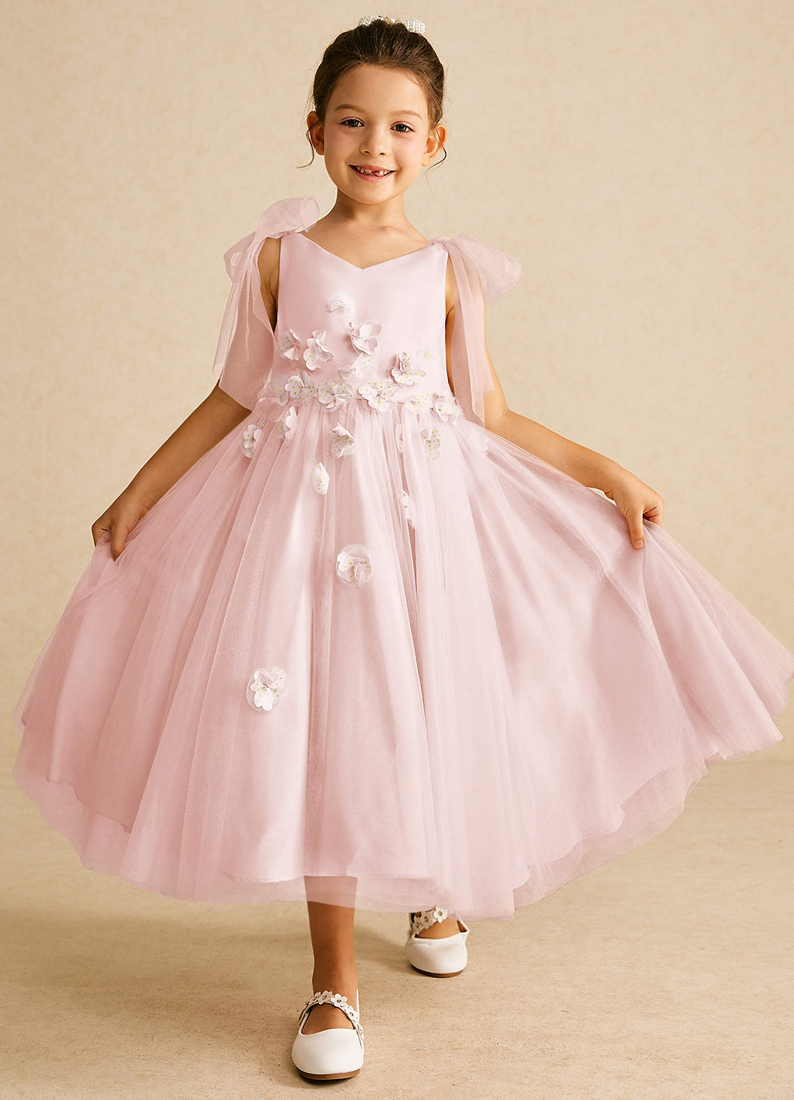Azazie Minia Flower Girl Dresses Blushing Pink A-Line Bow Matte Satin Dress image1