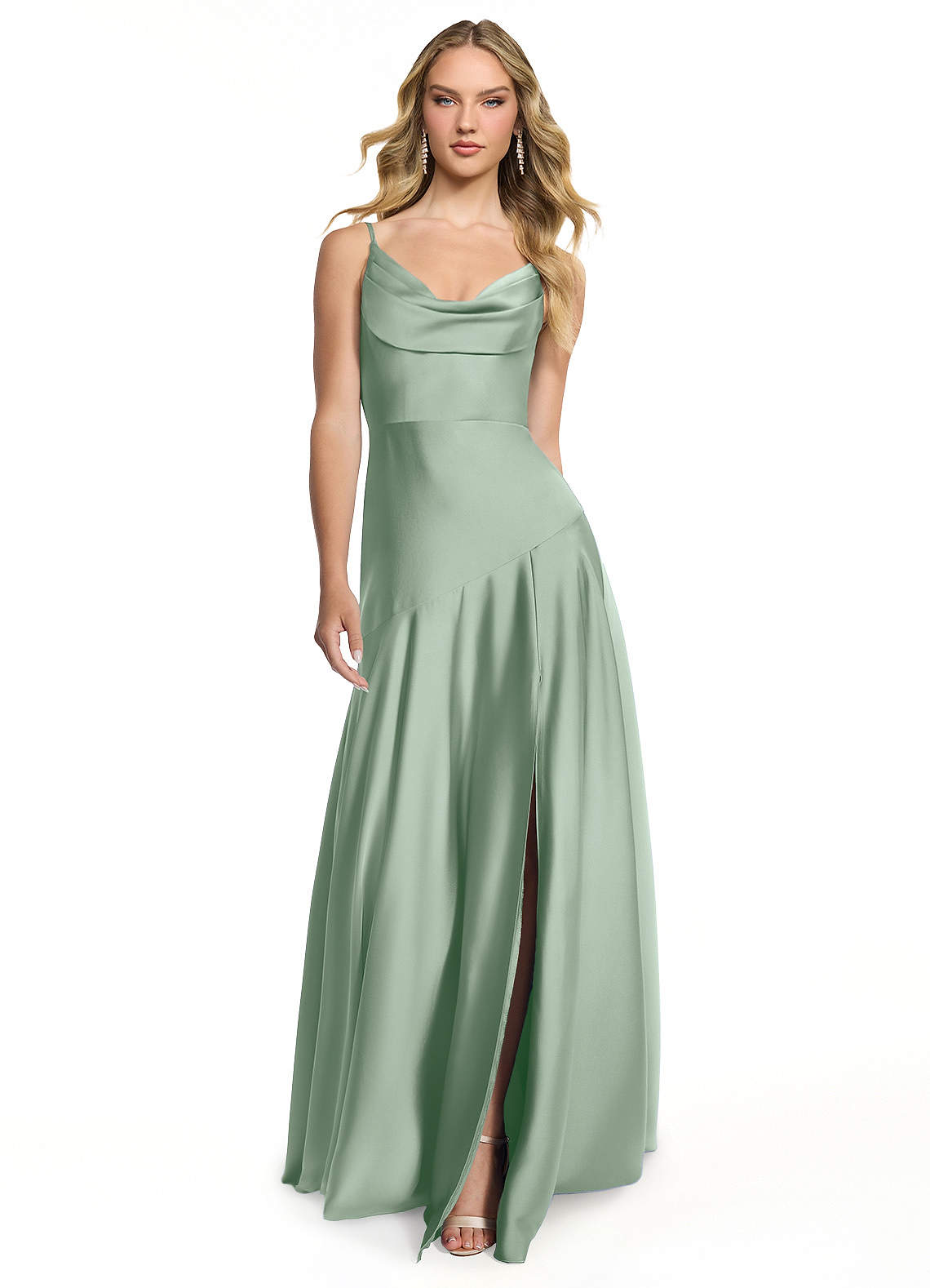Azazie Kayla Bridesmaid Dresses Agave Sheath Side Slit Stretch Satin Dress image1