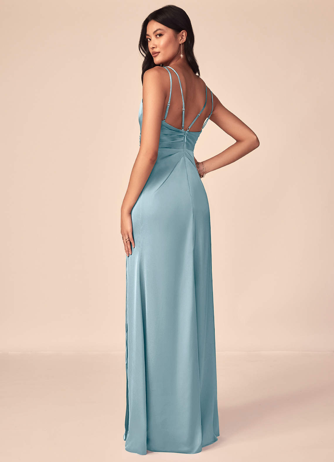 aqua blue aqua bridesmaid dresses Aqua Blue Chiffon Cutout Back Appliques Long Bridesmaid Dress  Modsele