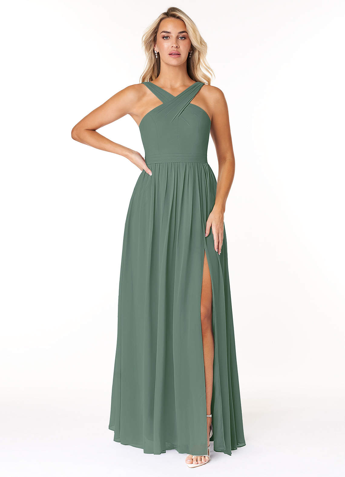 Azazie Elvira Bridesmaid Dresses Eucalyptus A-Line Pleated Chiffon Dress image1
