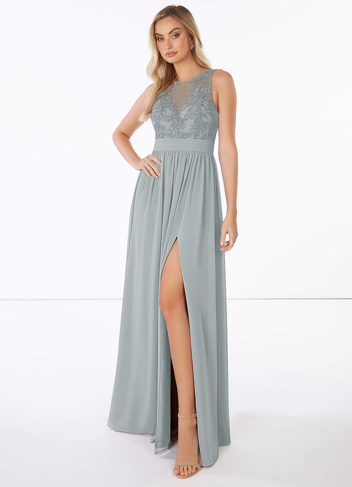 Azazie Mea Final Sale Dolphin Grey A-Line Lace Chiffon Dress image1