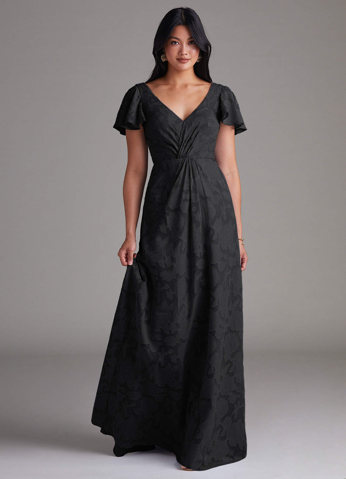 Azazie Soren Robes de demoiselle d'honneur Robe Trapèze en Blumen-Burnout Plissée Noir image1