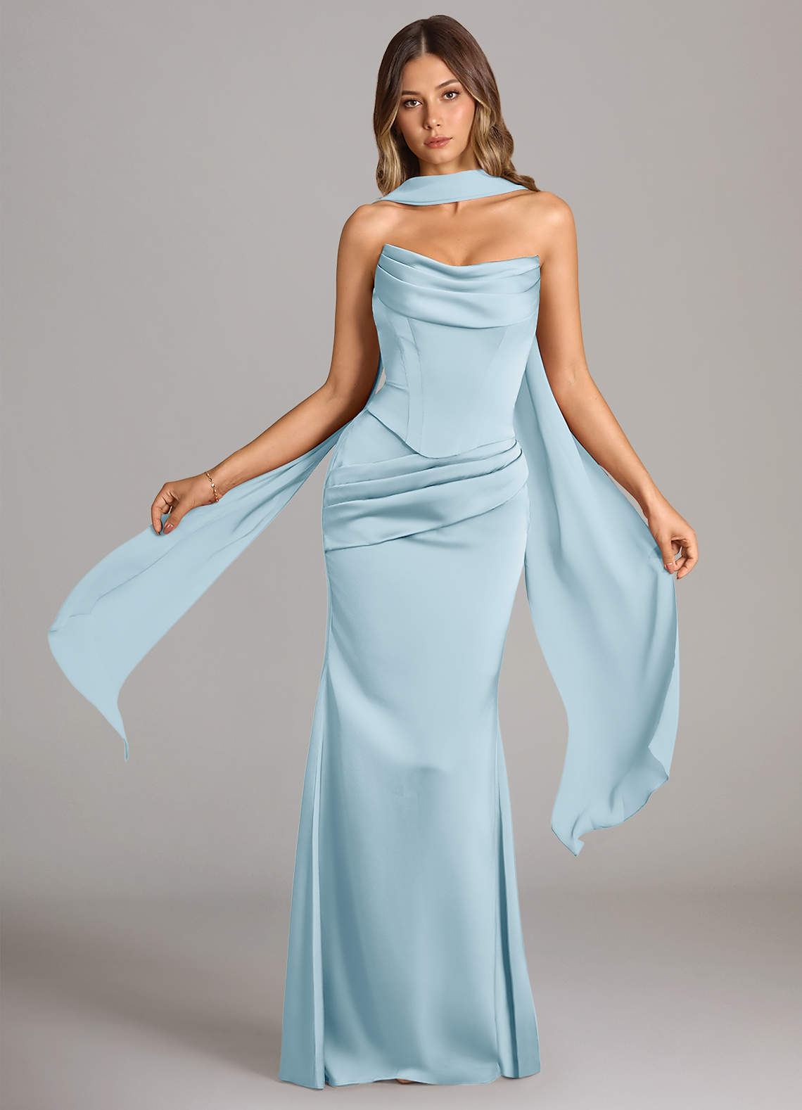 Azazie Sorrel Vestidos de damas de honor Vestido de Azul Cielo de Satén Elástico de Corte Sirena Convertible con Sin tirantes image1