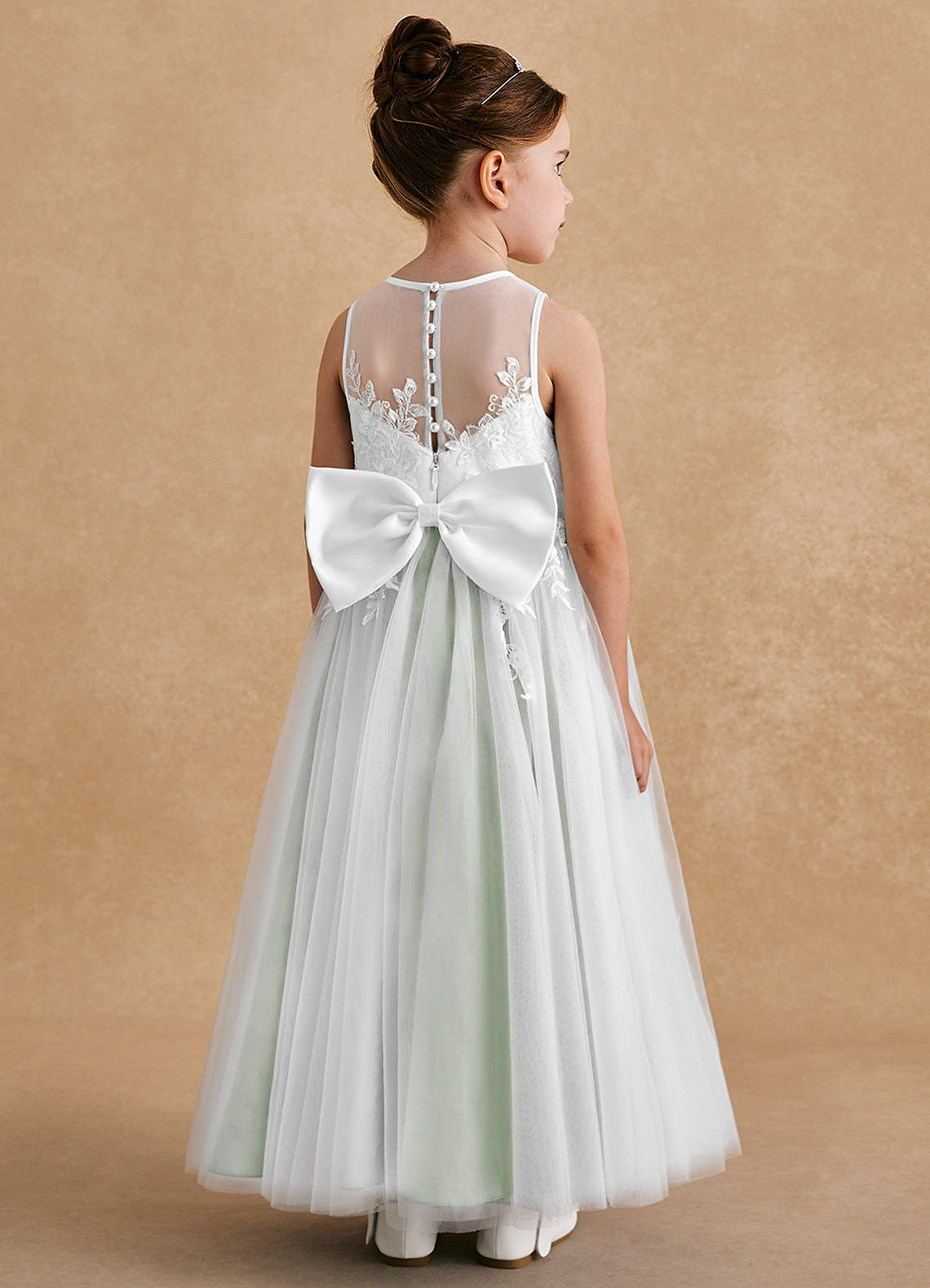 Azazie Bitsy vestidos de niña de las flores Vestido de Marfil Salvia Polvorienta de Tul de Corte En A con Encaje image1