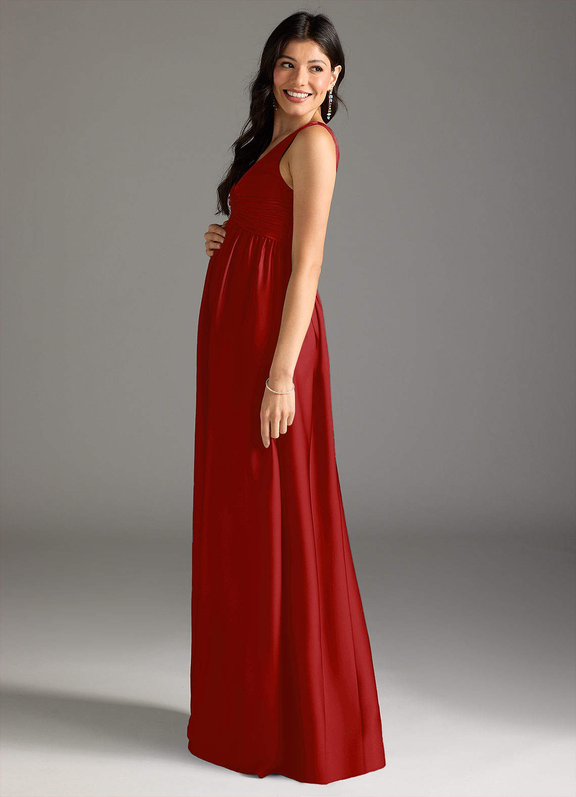 Azazie Yetta Maternity Bridesmaid Dresses A-Line Pleated Stretch Satin Floor-Length Dress image3