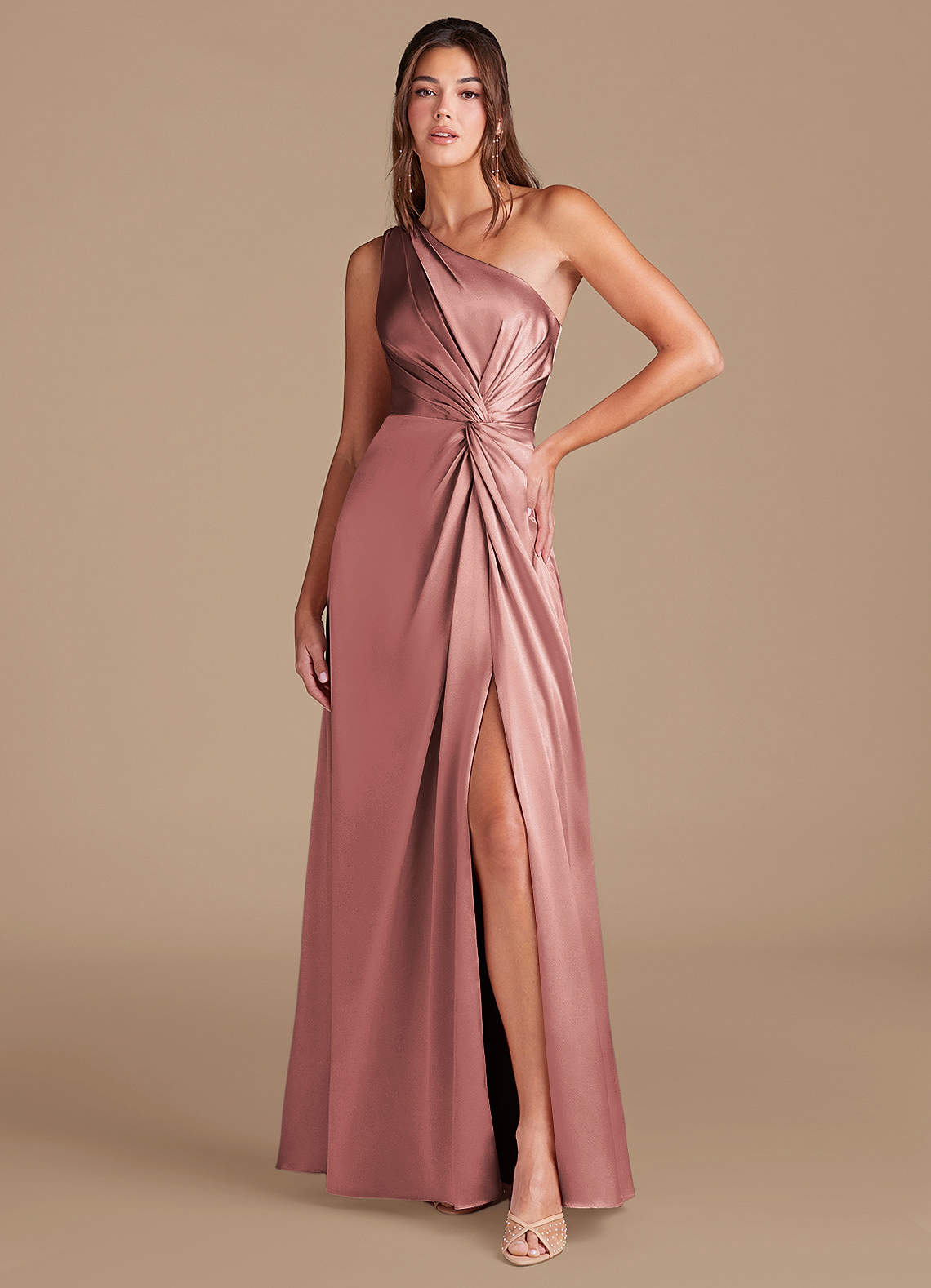 Azazie Brooke Bridesmaid Dresses Dusty Rose A-Line One Shoulder Metallic Satin Dress image1