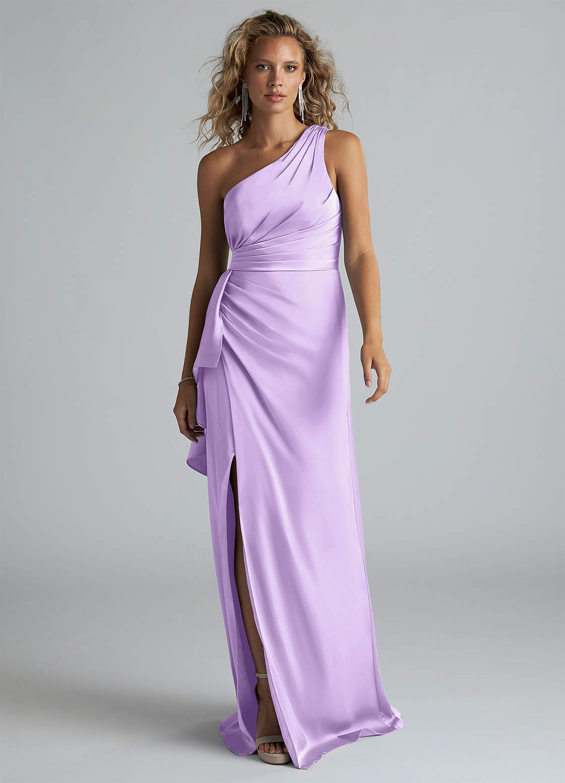Azazie Maive Bridesmaid Dresses Lilac Sheath Ruched Stretch Satin Dress image1