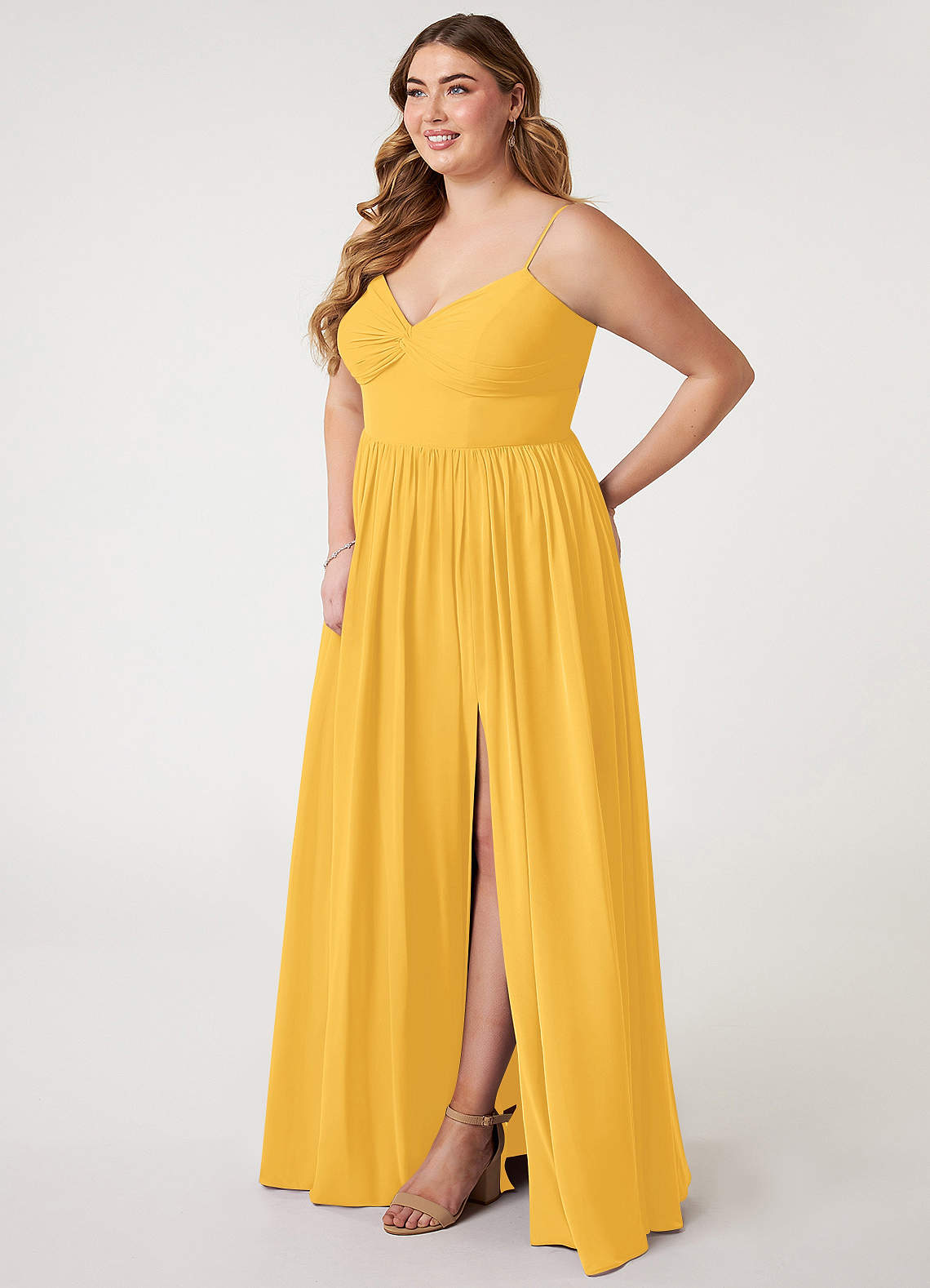 Azazie A Line Princess V Neck Floor Length Chiffon Bridesmaid Dresses Marigold