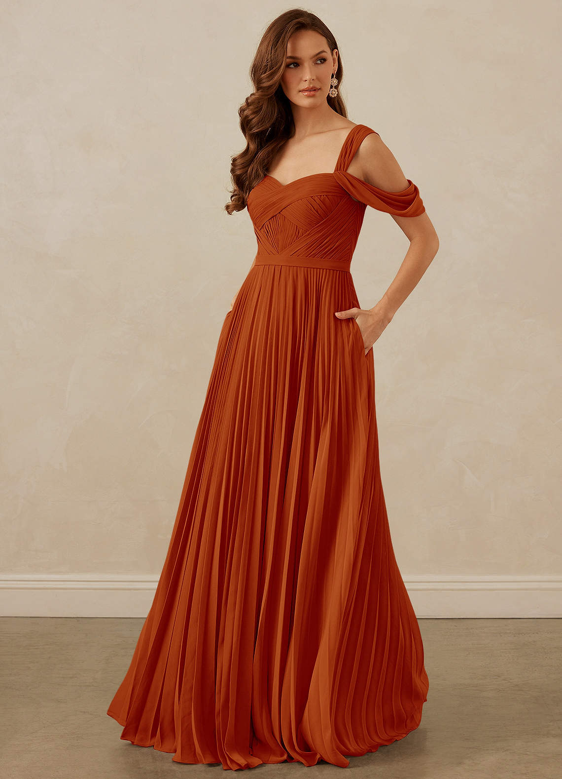 Christian Siriano Bridal for Azazie 1013 Bridesmaid Dresses Paprika A-Line Off the Shoulder Chiffon Dress image1