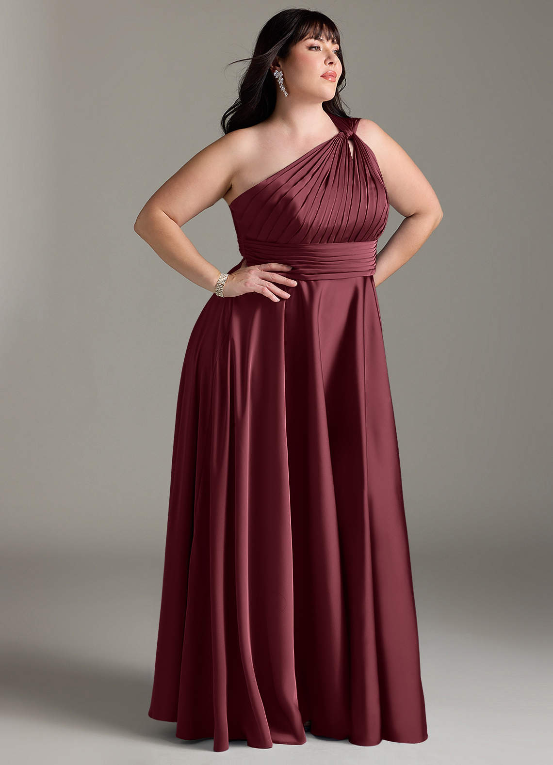 Azazie Charlize Vestidos de damas de honor Vestido de Merlot de Satén Elástico de Corte en A con Hombro unilateral image11