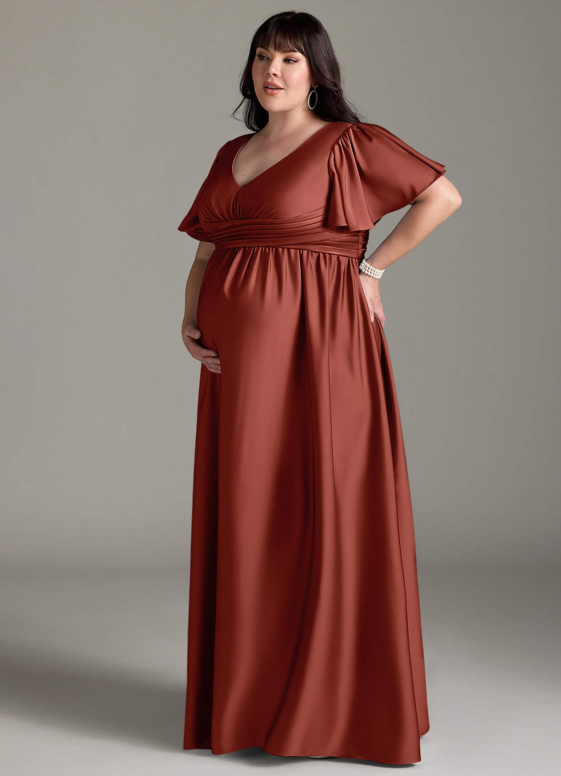 Azazie Verna vestidos de dama de honor de maternidad Vestido de Corte En A Volante Hasta el suelo Satén Elástico image13