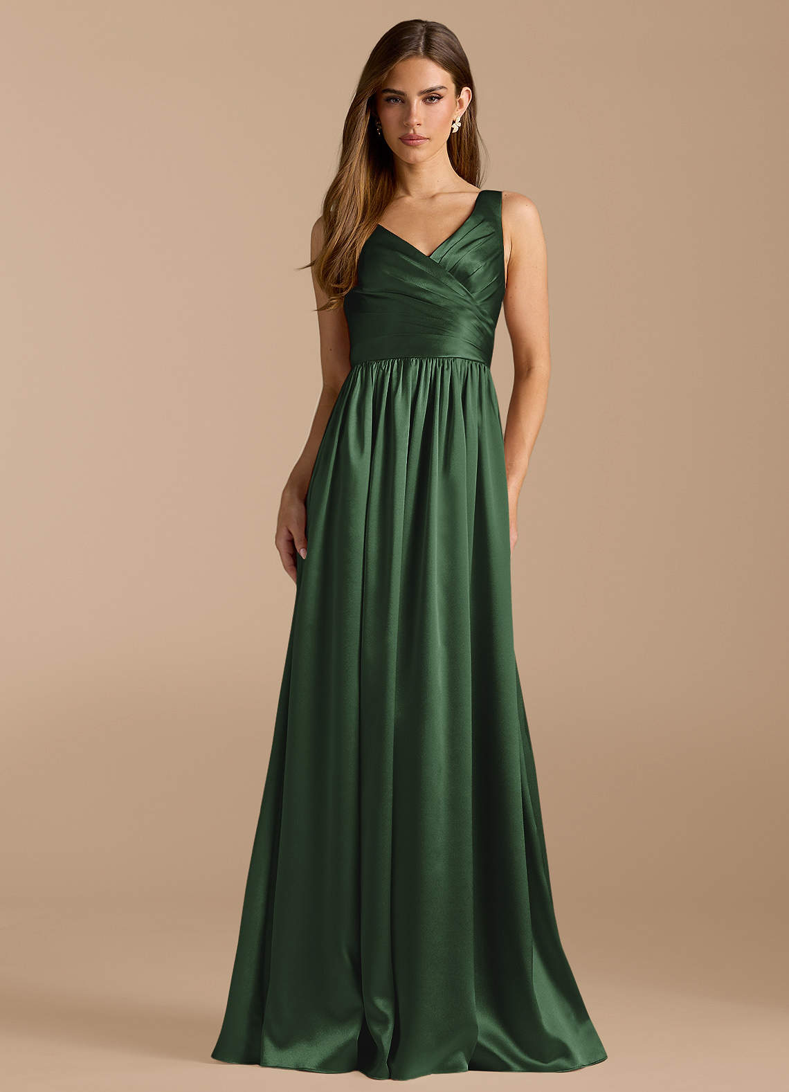 Azazie Keyla Bridesmaid Dresses Eucalyptus A-Line Pleated Metallic Satin Dress image1
