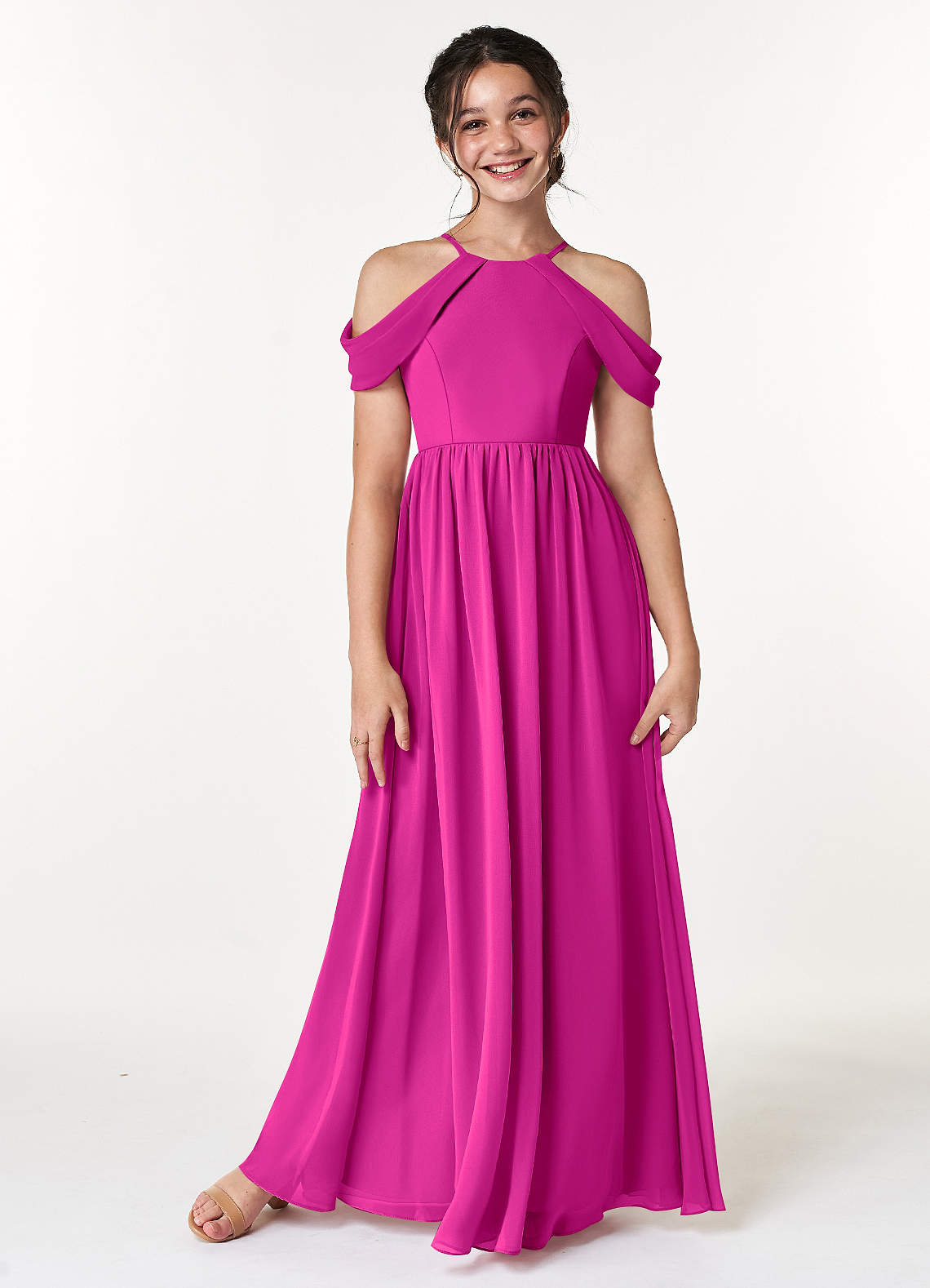 Azazie Seneca Junior Fuchsia A-Line Off the Shoulder Chiffon Dress image1