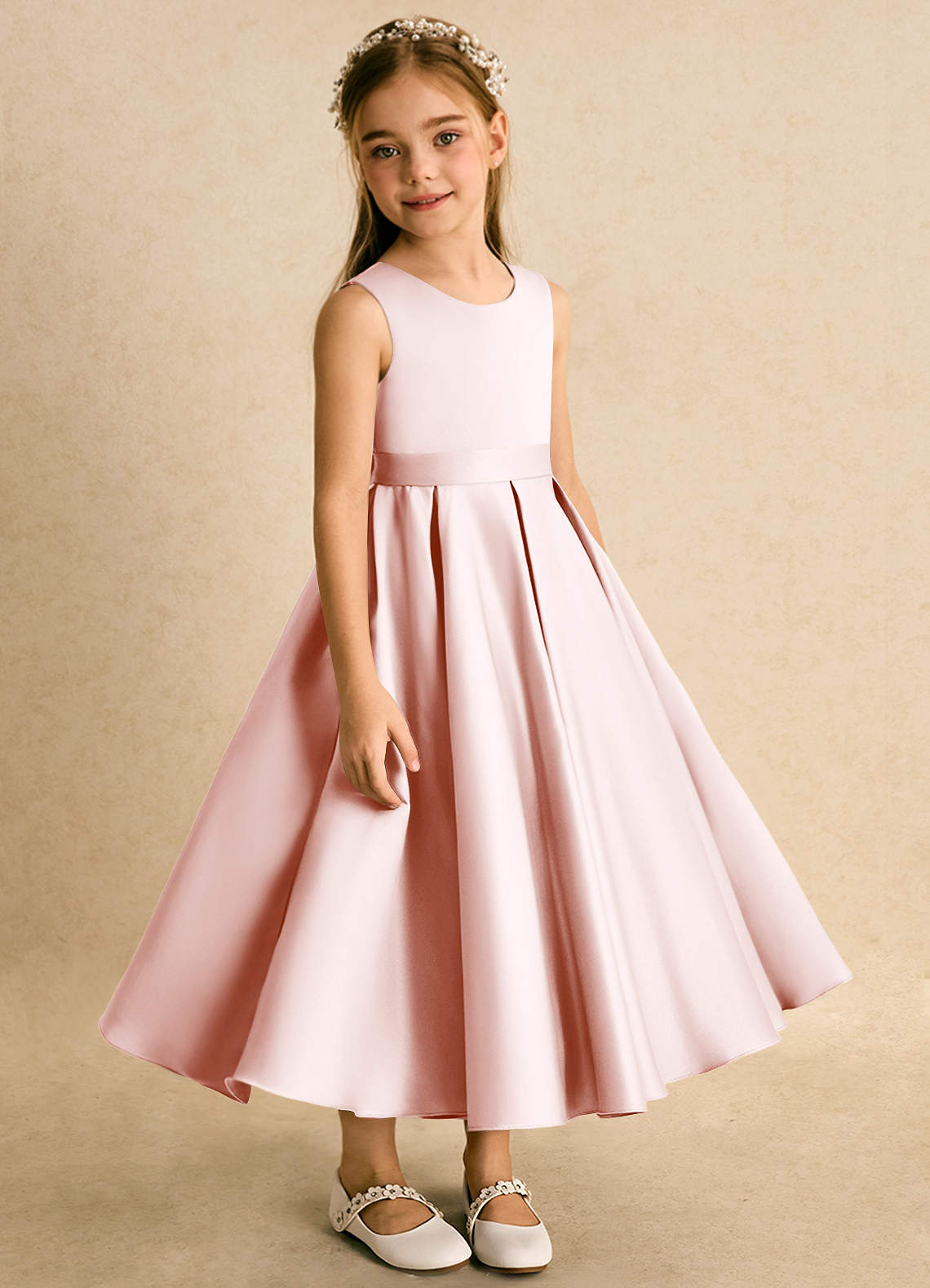 Azazie Junebuj vestidos de niña de las flores Vestido de Rosa Rubor de Satin Mate de Princesa con Plisado image4