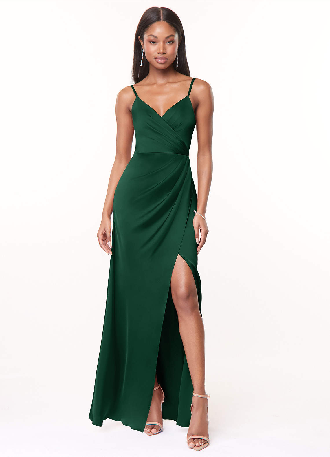 Azazie Maci Bridesmaid Dresses Dark Green A-Line V-Neck Pleated Stretch Satin Dress image1