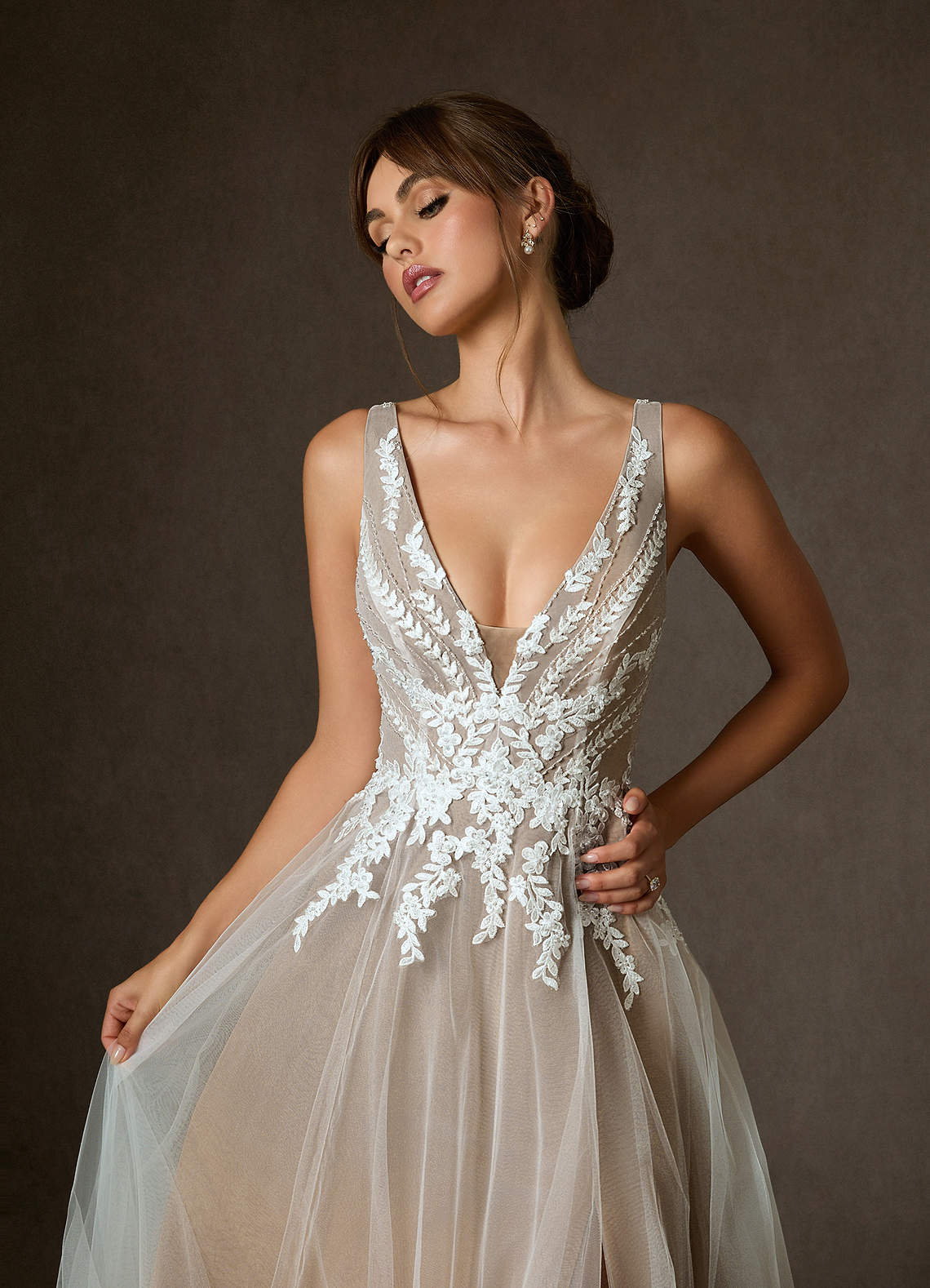 Azazie Goddess Diamond White Mocha A-Line V-Neck Sequins Tulle