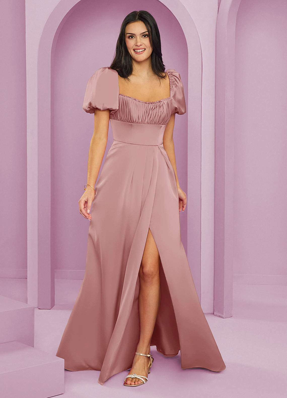 Barbie ♥ Azazie Bridesmaid Dresses Dusty Rose A-Line Ruched Stretch Satin Dress image1