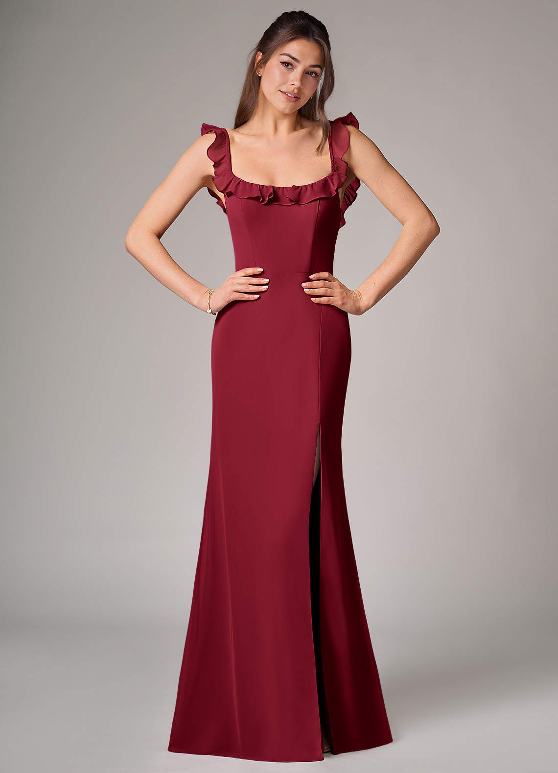 Azazie Callie Bridesmaid Dresses Burgundy Mermaid Side Slit Chiffon Convertible Dress image1