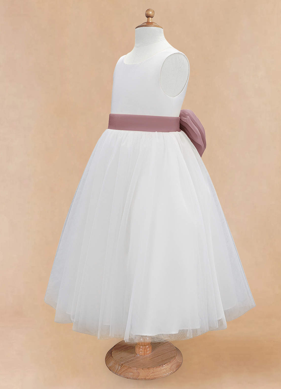 Azazie Kavi Flower Girl Dresses Ivory Dusty Rose A-Line Bow Matte Satin Dress image8