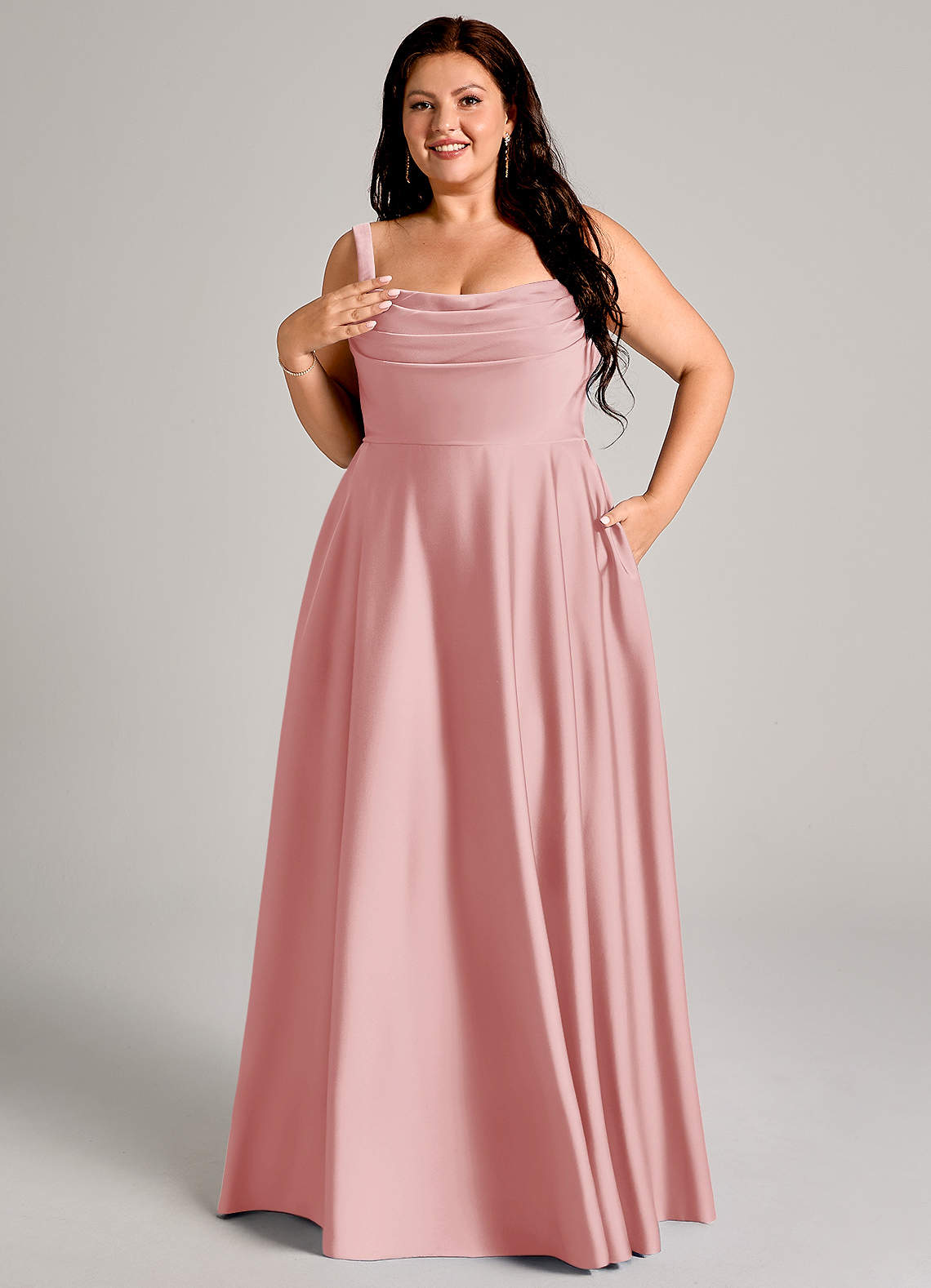 Azazie Shaude Bridesmaid Dresses Powder Pink A-Line Pleated Stretch Satin Dress image10