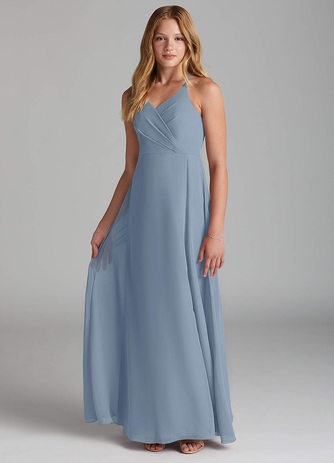 Azazie Davis Junior Jurk van Chiffon met A-Lijn Stoffig Blauw image2