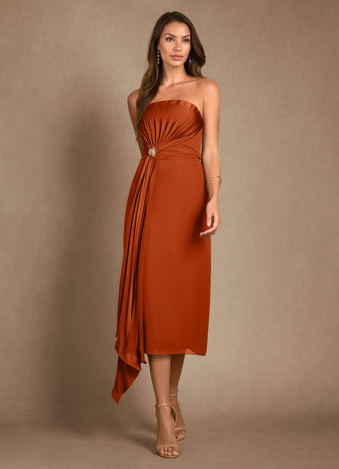 Azazie Dinanta vestidos de madre de la novia Vestido de Naranja Quemada de Gasa de Columna con Plisado image5