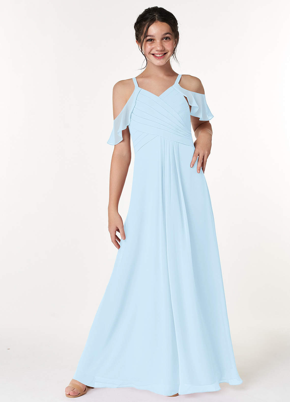 Azazie Dakota Junior Sky Blue A-Line Off the Shoulder Chiffon Dress image1
