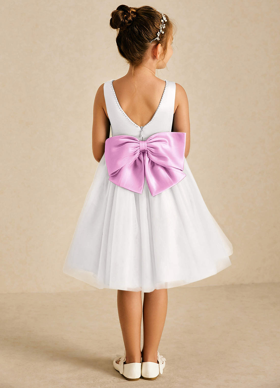 Azazie Seline Flower Girl Dresses Ivory Candy Pink A-Line Bow Tulle Dress image1