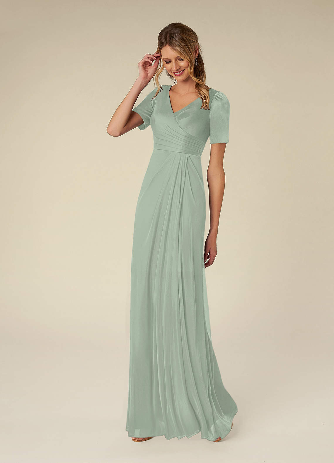 Azazie Bessie Mother of the Bride Dresses A-Line Pleated Mesh Floor-Length Dress image1