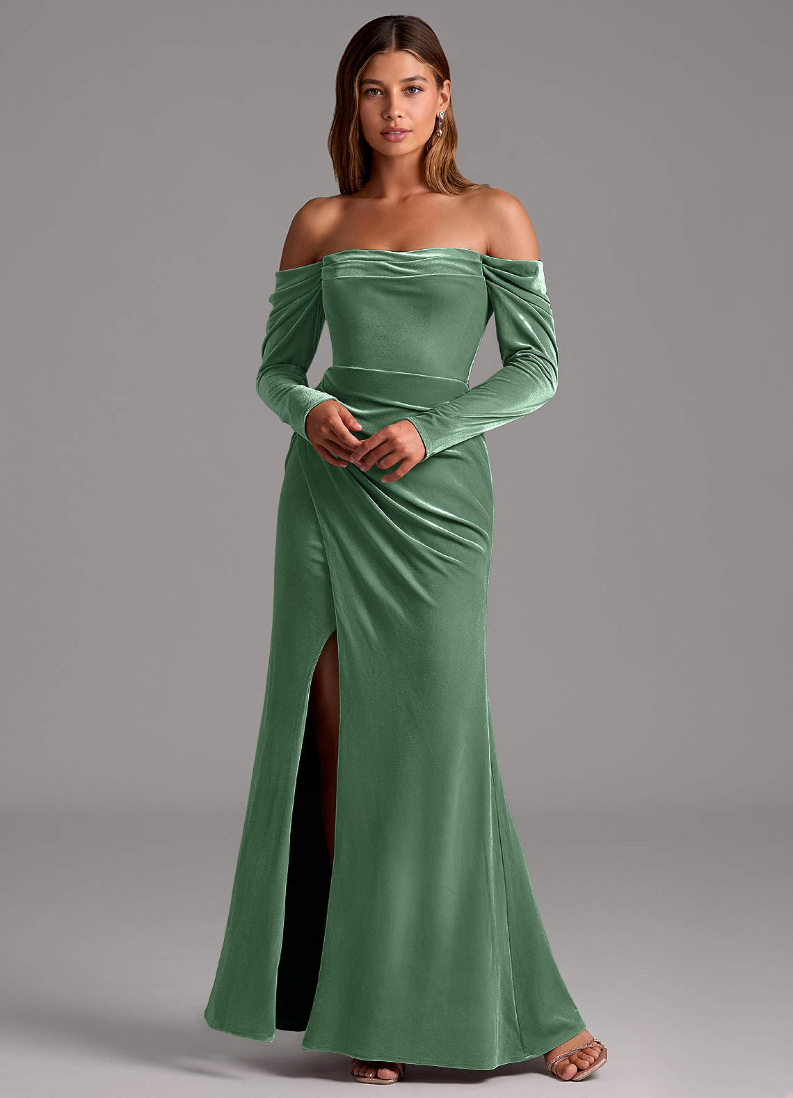 Azazie Hallie Ready to Ship Eucalyptus Velvet Bridesmaid Dresses | Azazie