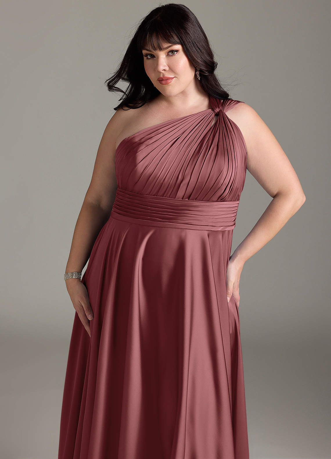 Azazie Charlize Bridesmaid Dresses Amethyst A-Line One Shoulder Stretch Satin Dress image13
