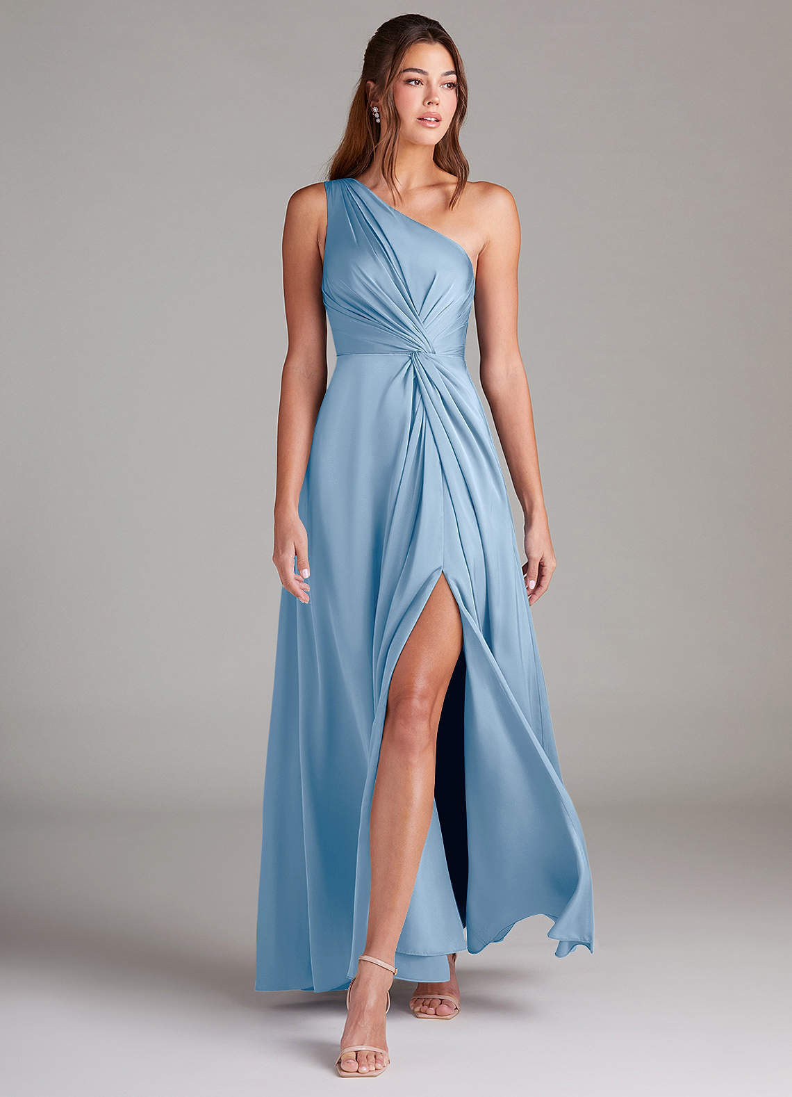 Azazie Brooke Bridesmaid Dresses Powder Blue A-Line One Shoulder Stretch Satin Dress image3