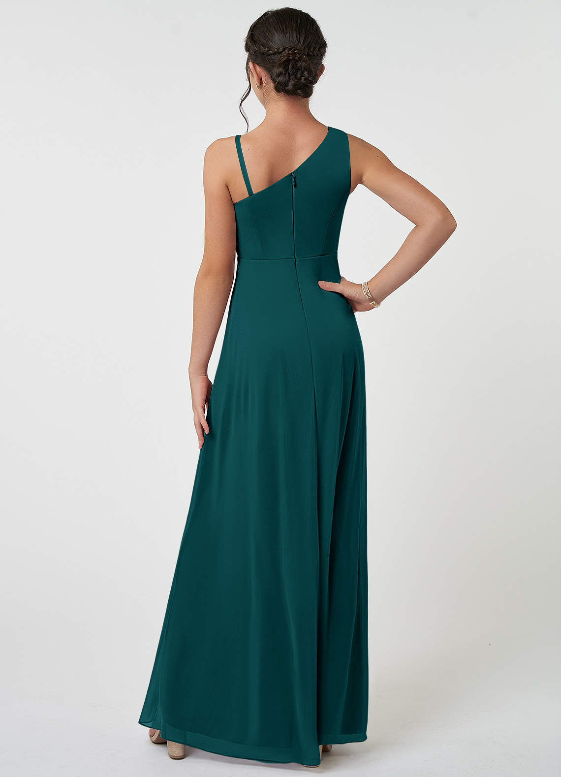 Azazie Brooke Junior Abito A-Line in Maglia Plissettato Verde Pavone image1