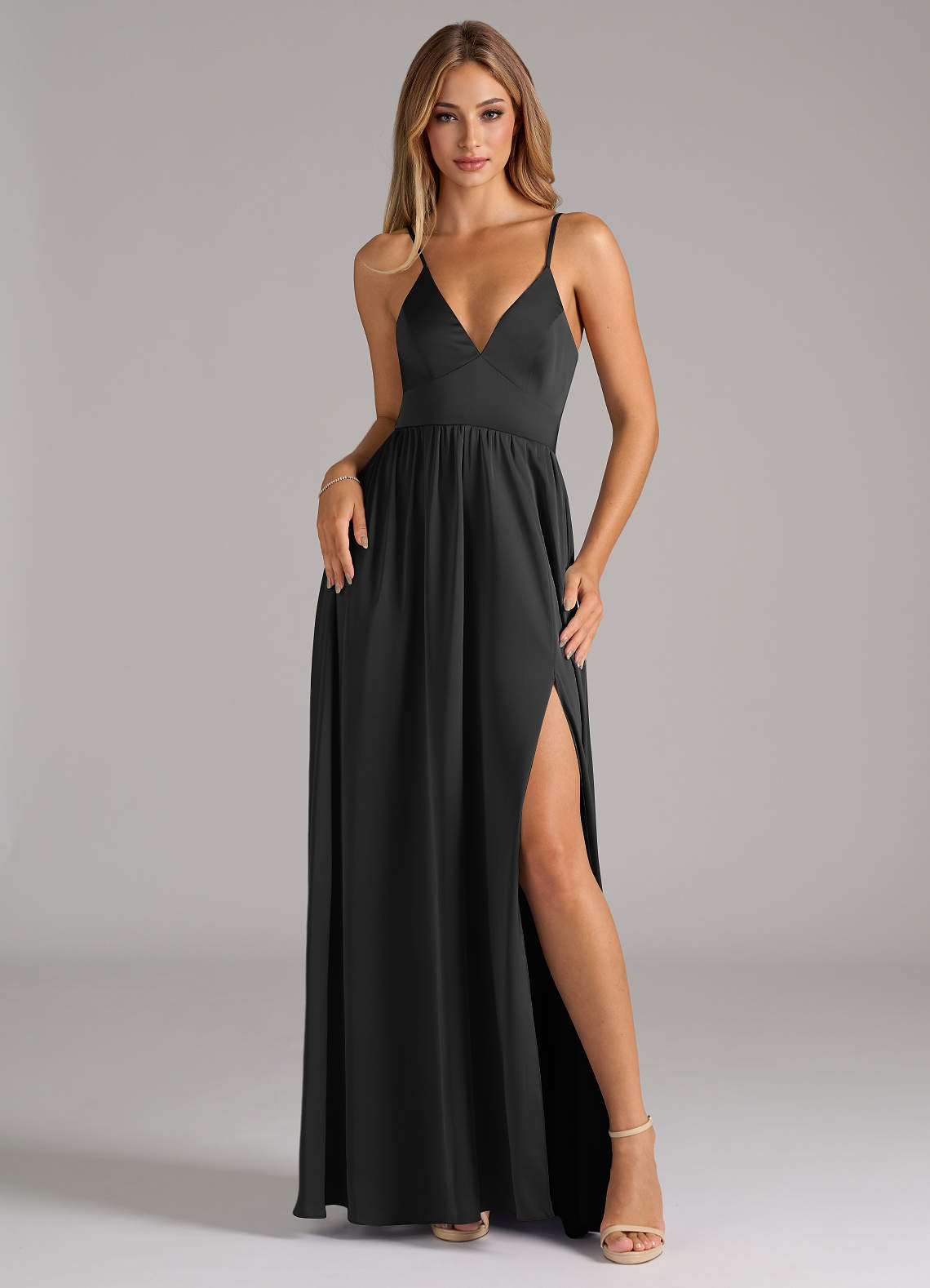 Azazie Aaida Bridesmaid Dresses Black A-Line Corset Stretch Satin Dress image1