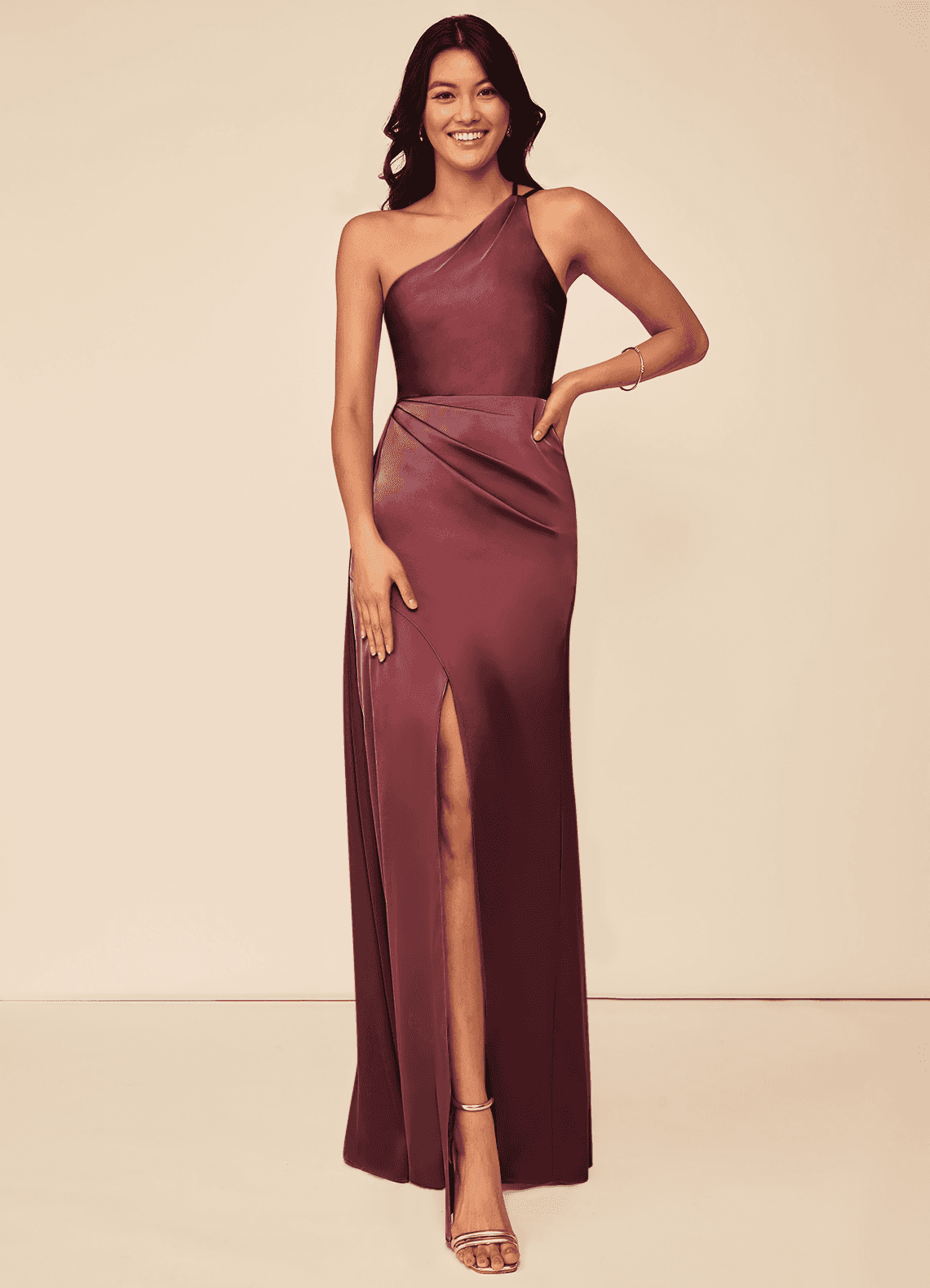 Azazie Maron Bridesmaid Dresses Merlot A-Line One Shoulder Stretch Satin Dress image1