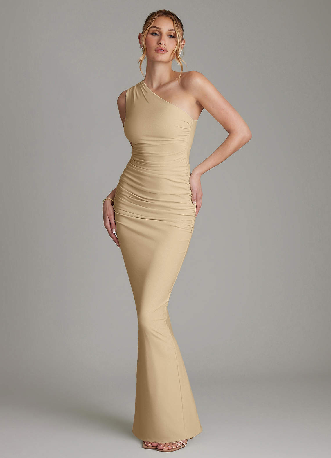 azazie champagne bridesmaid dresses Charlize Mesh Made from chiffon Azazie Sheath One-Shoulder Floor-Length Premium
