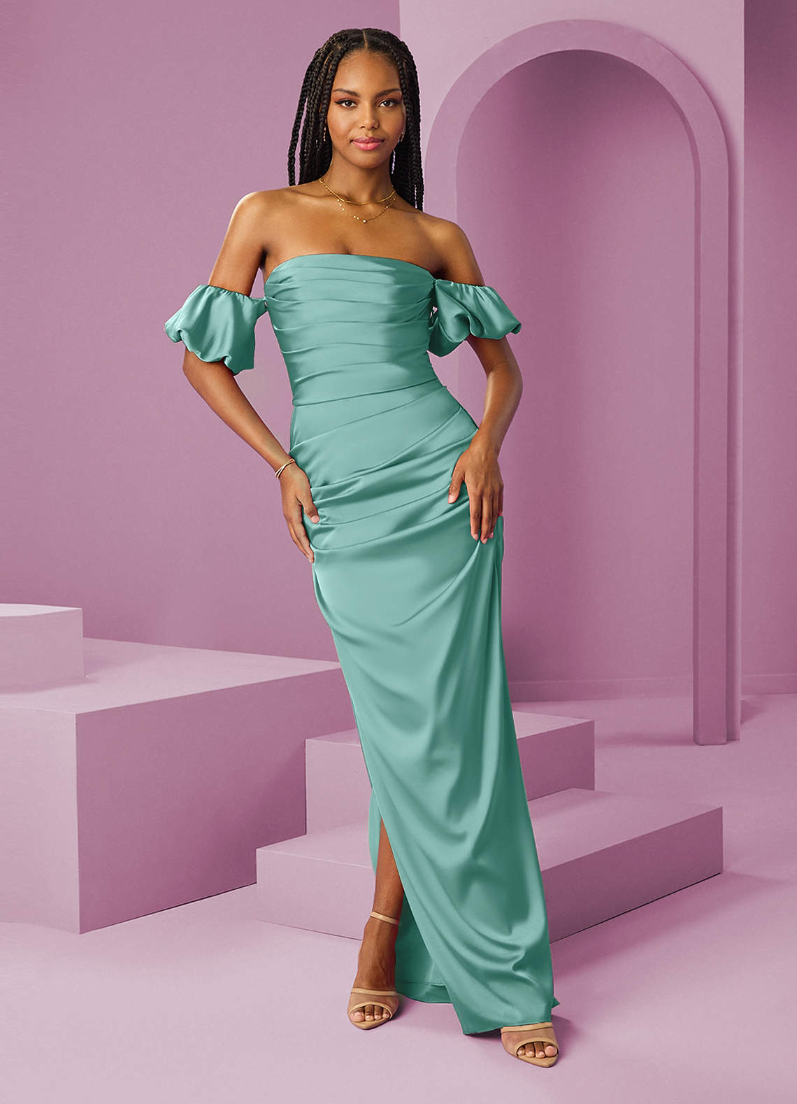 Barbie ♥ Azazie Jurken voor bruidsmeisjes Converteerbaar Jurk van Stretch Satijn met Kolom Off the Shoulder Aqua image1