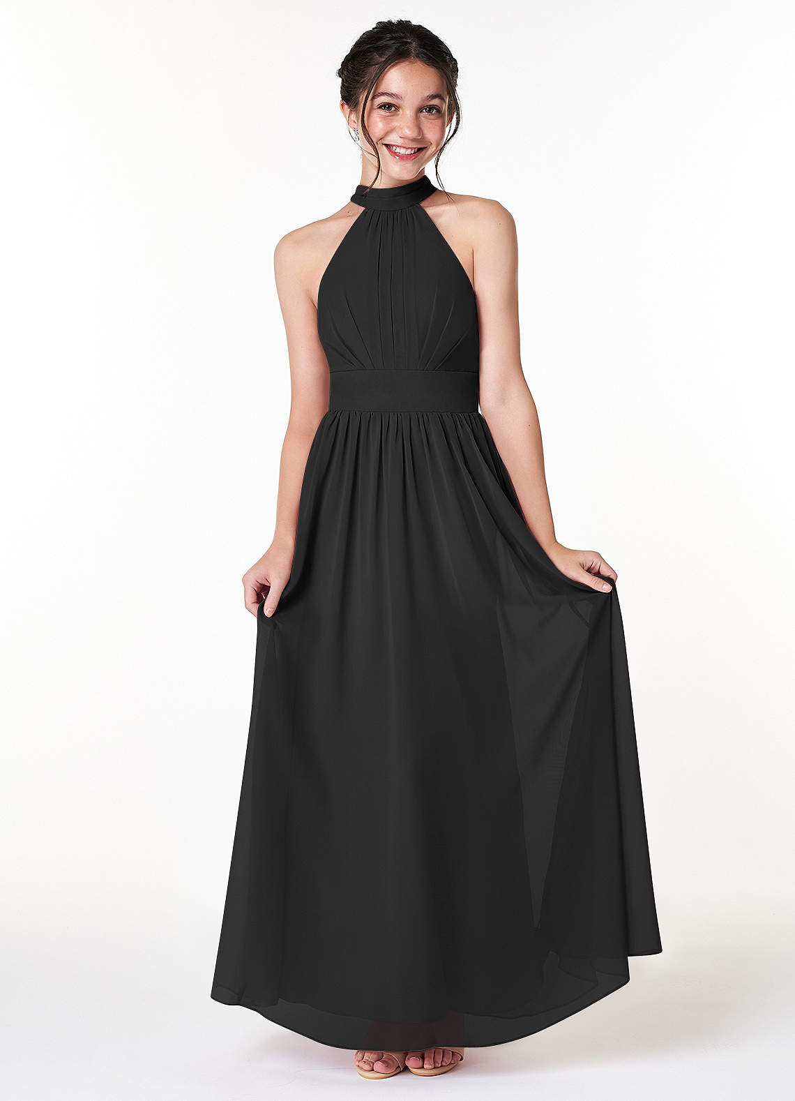 Azazie Iman Junior Black A-Line Pleated Chiffon Dress image1
