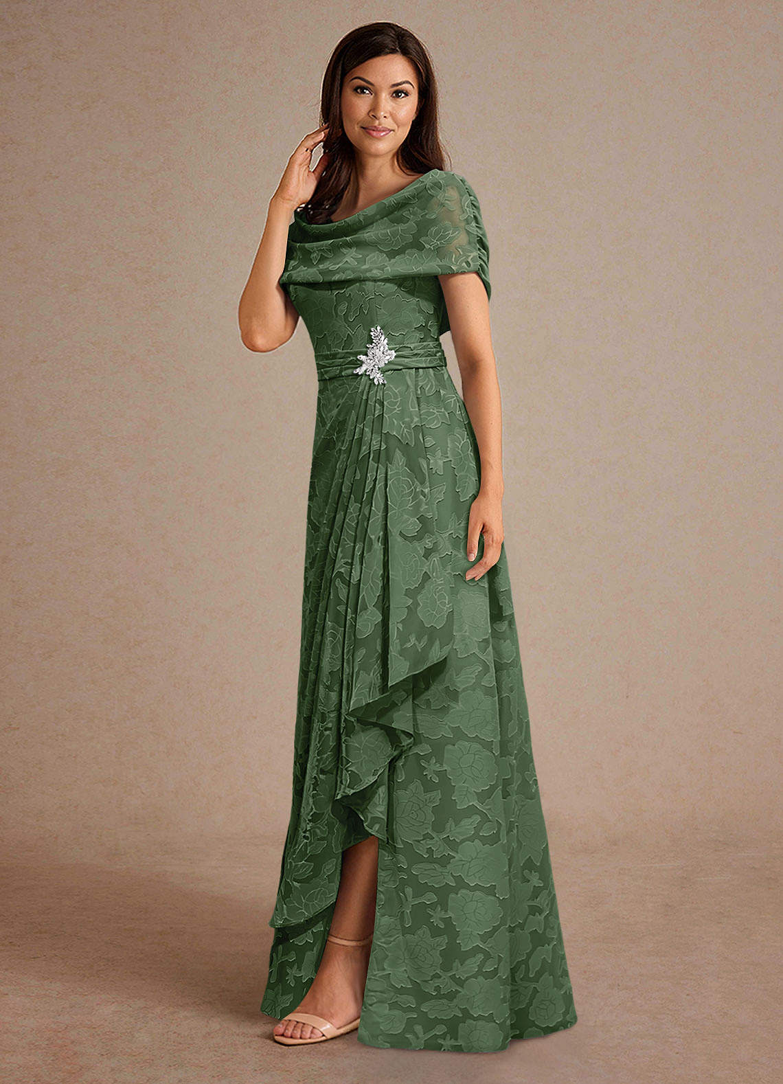 Azazie Branford Mother of the Bride Dresses Eucalyptus A-Line Pleated Floral Burnout Dress image1
