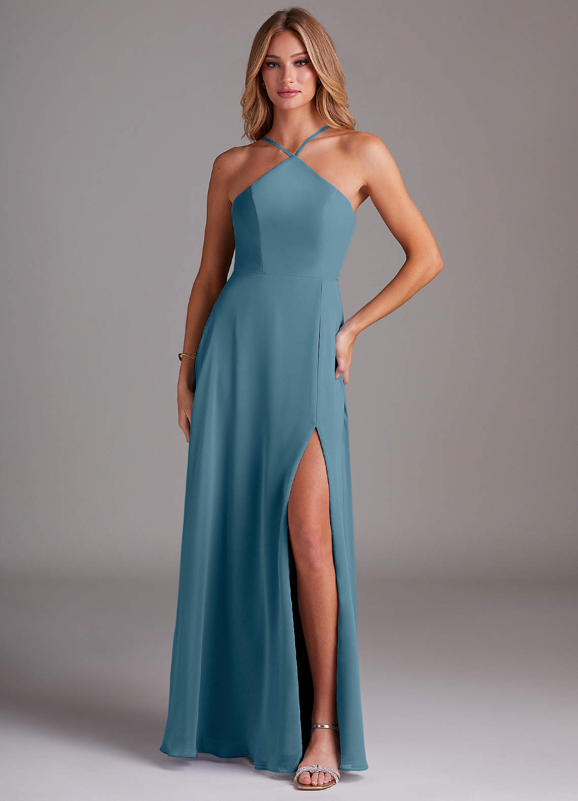 Azazie Bailey Bridesmaid Dresses Bermuda A-Line Halter Side Slit Chiffon Dress image1