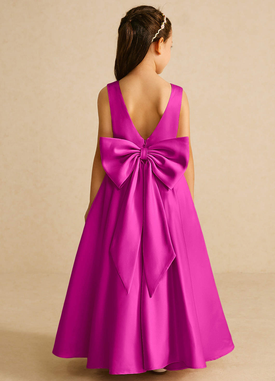 Azazie Pipsy Flower Girl Dresses Fuchsia A-Line Bow Matte Satin Dress image1